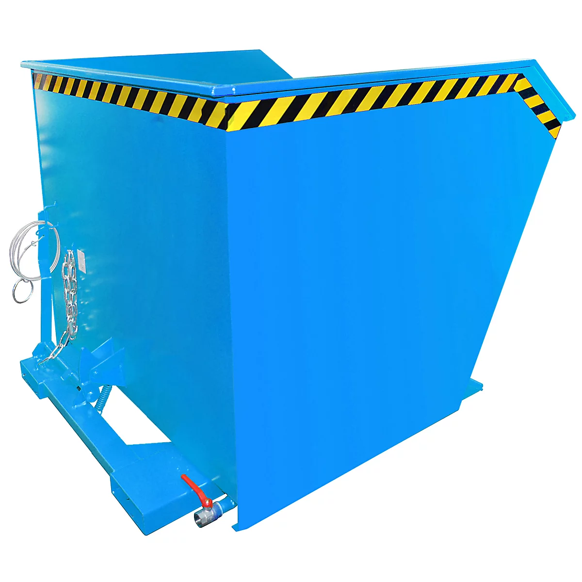 Rode MEGA hendel op ventiel, naast metalen ventiel op blauw frame. Label: ON en OFF.