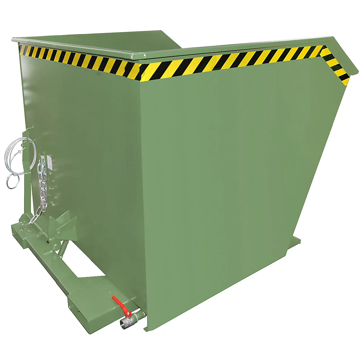 Groene container, gele en zwarte waarschuwingsstrepen bovenaan. Ketting, hendel en kraan aan de zijkant.