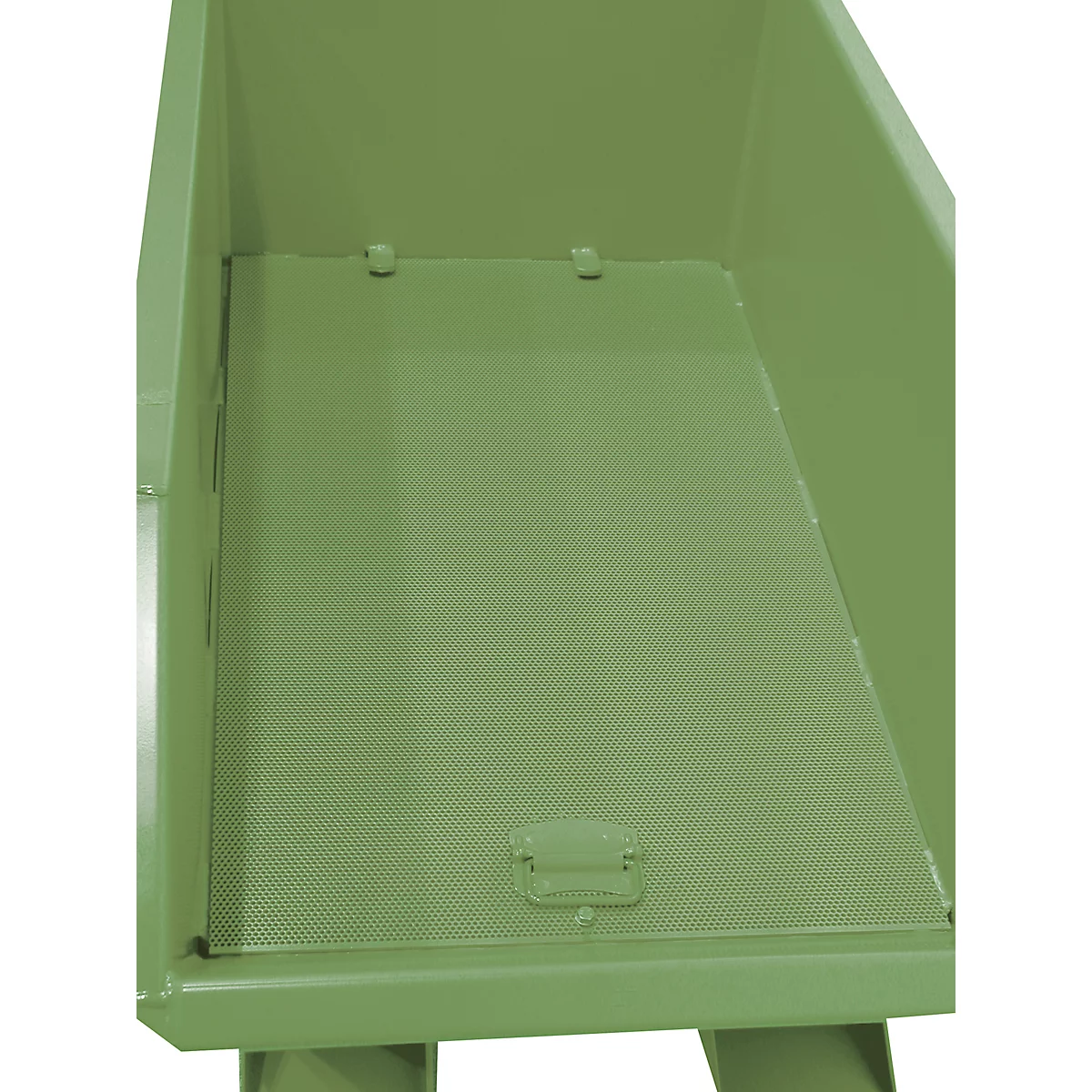 Lichtgroene, lege kruiwagen met perforaties in de bodem. De hendel van een klep is zichtbaar in het midden van de onderkant.