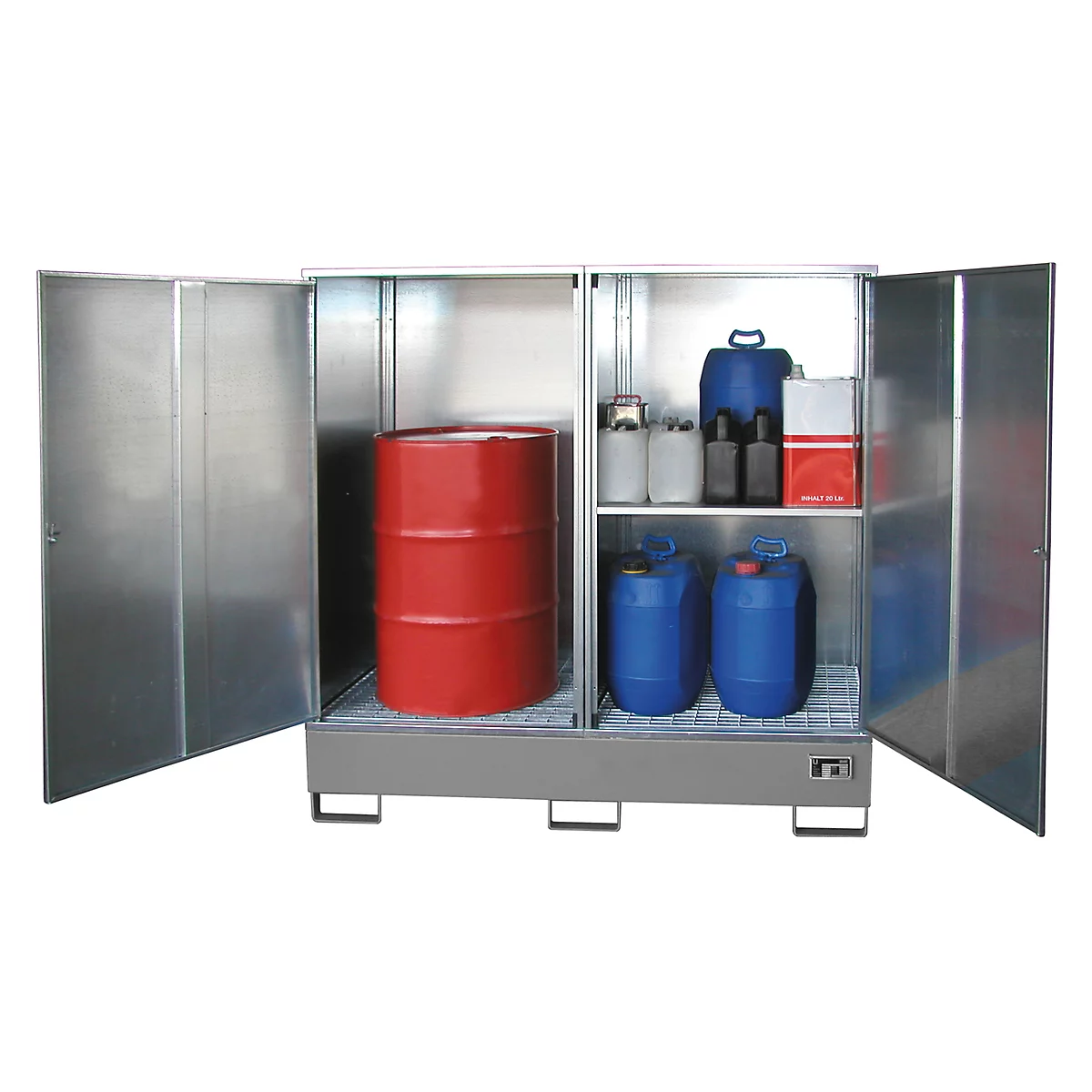 BAUER Kast GS-2 voor gevaarlijke stoffen, plaatstaal, voor 2 x 200 l vaten, B 1680 x D 690 x H 1780 mm, muisgrijs