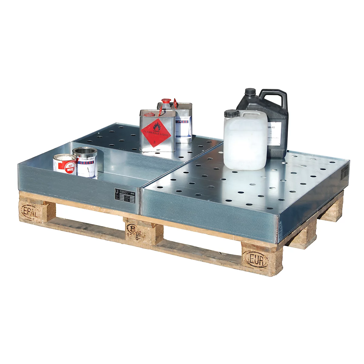 Bauer KGW-P 3/M bakje, inhoud 71 l, tot 200 kg, met geperforeerd rooster, B 1200 x D 800 x H 100 mm, gegalvaniseerd staal