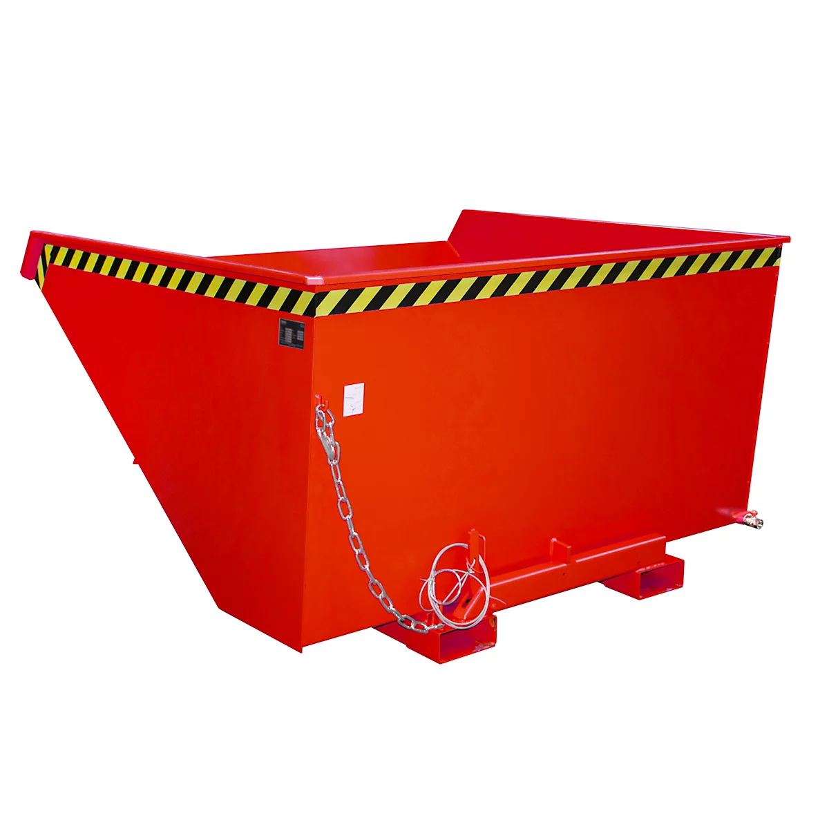 Roter Kippbehälter mit schwarz-gelbem Warnstreifen. Kette und Halterung sind sichtbar.