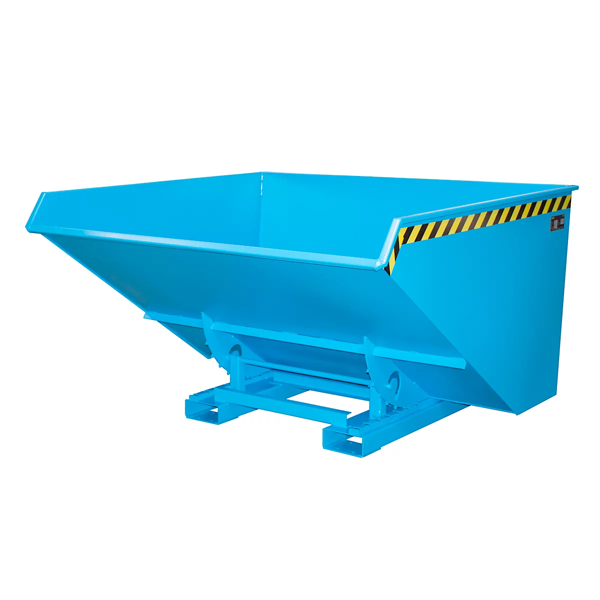 Blaue Containerbox, oben gelb-schwarze Warnmarkierung. Kette mit Sicherung. Metall-Konstruktion.