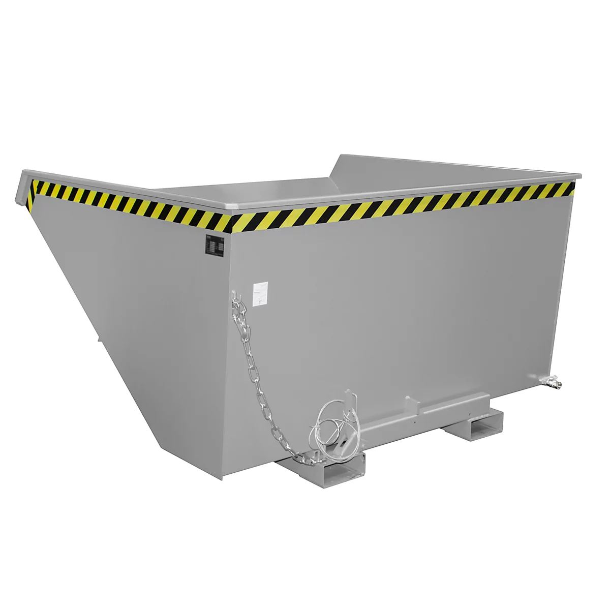 Grauer Container mit gelb-schwarzem Warnstreifen; Kette und Mechanismus sichtbar.