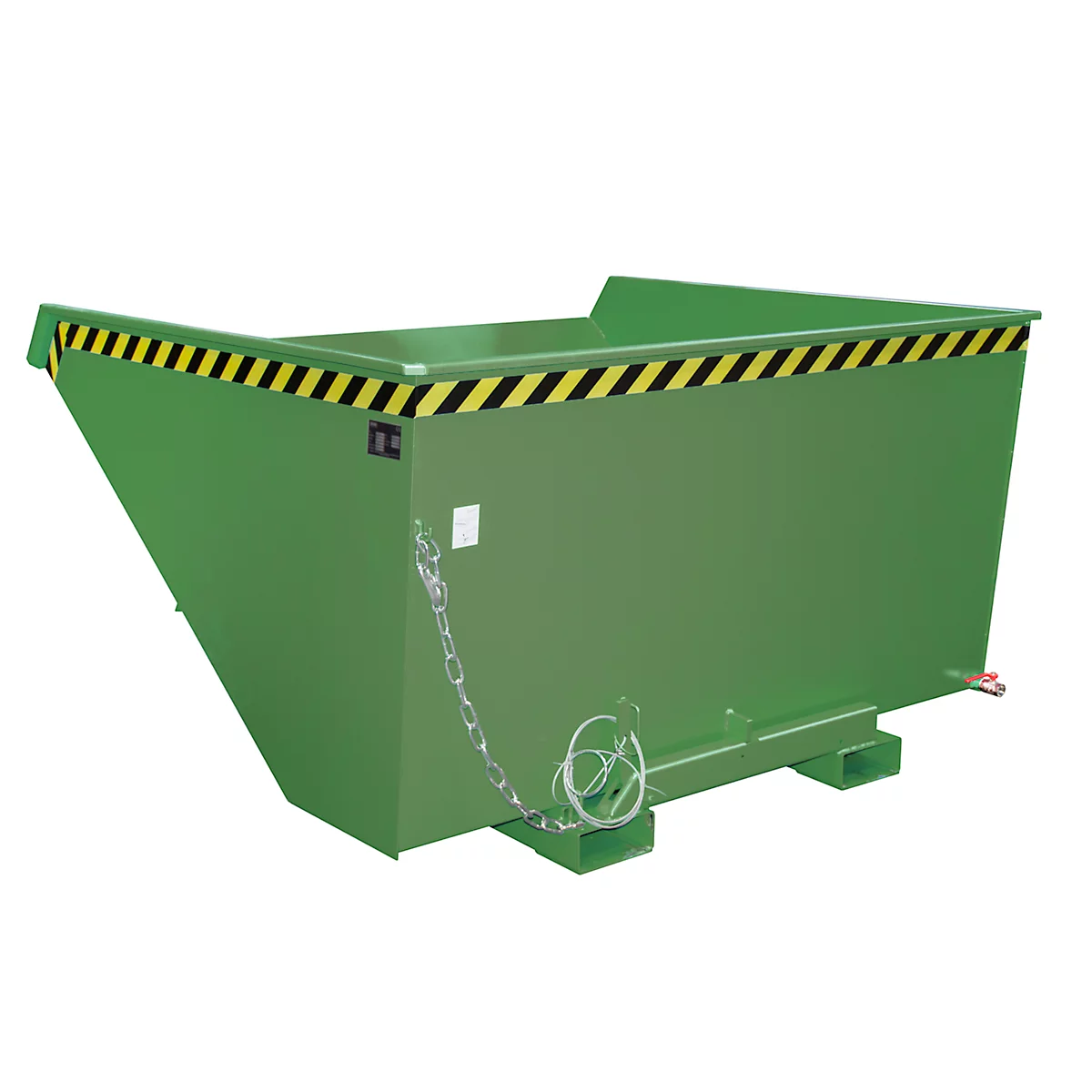 Grüne Containerbox mit gelb-schwarzen Warnstreifen. Kette mit Haken zum Heben.