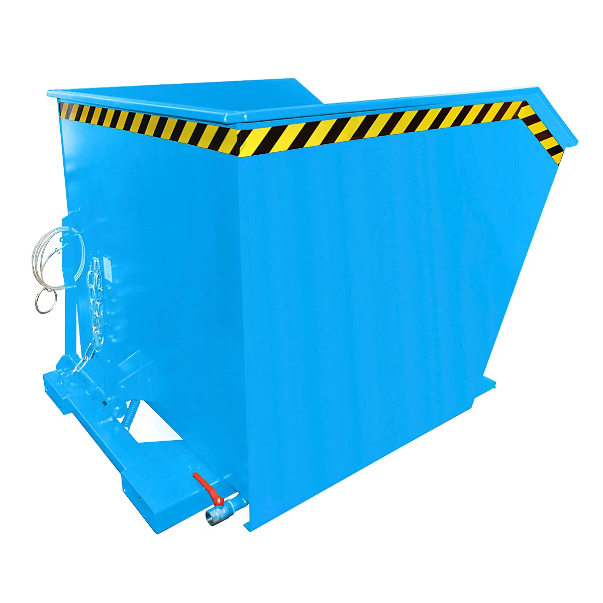 Blaue Kippmulde mit gelb-schwarzem Warnstreifen. Sie hat einen Wasserhahn und eine Kette.