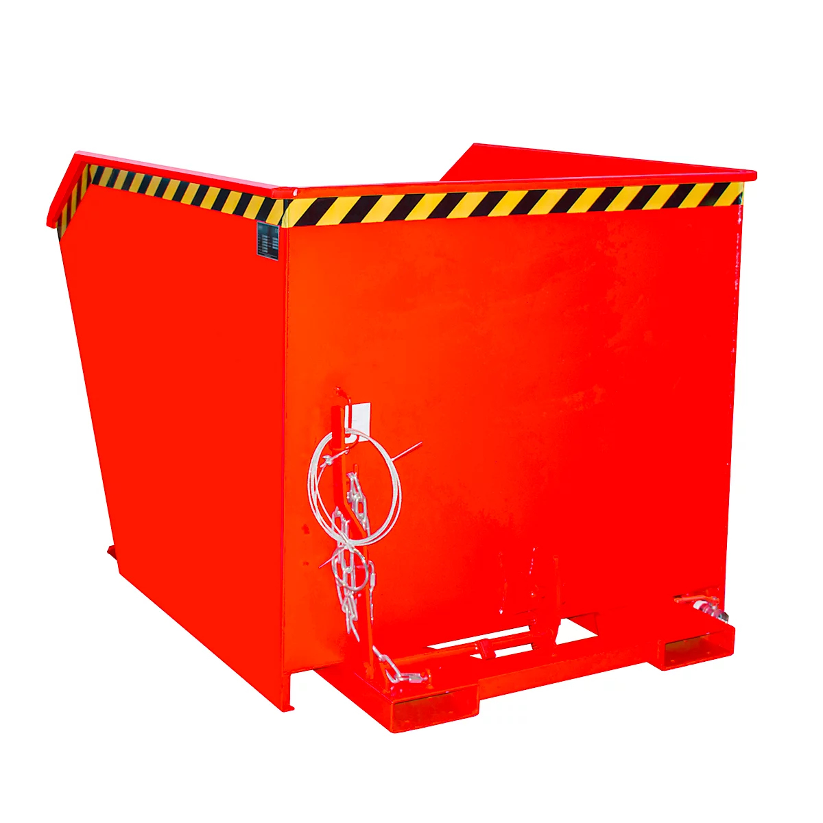 Roter Container mit schwarz-gelber Warnmarkierung. Auf weißem Hintergrund. Details: Sicherungsmechanismus.