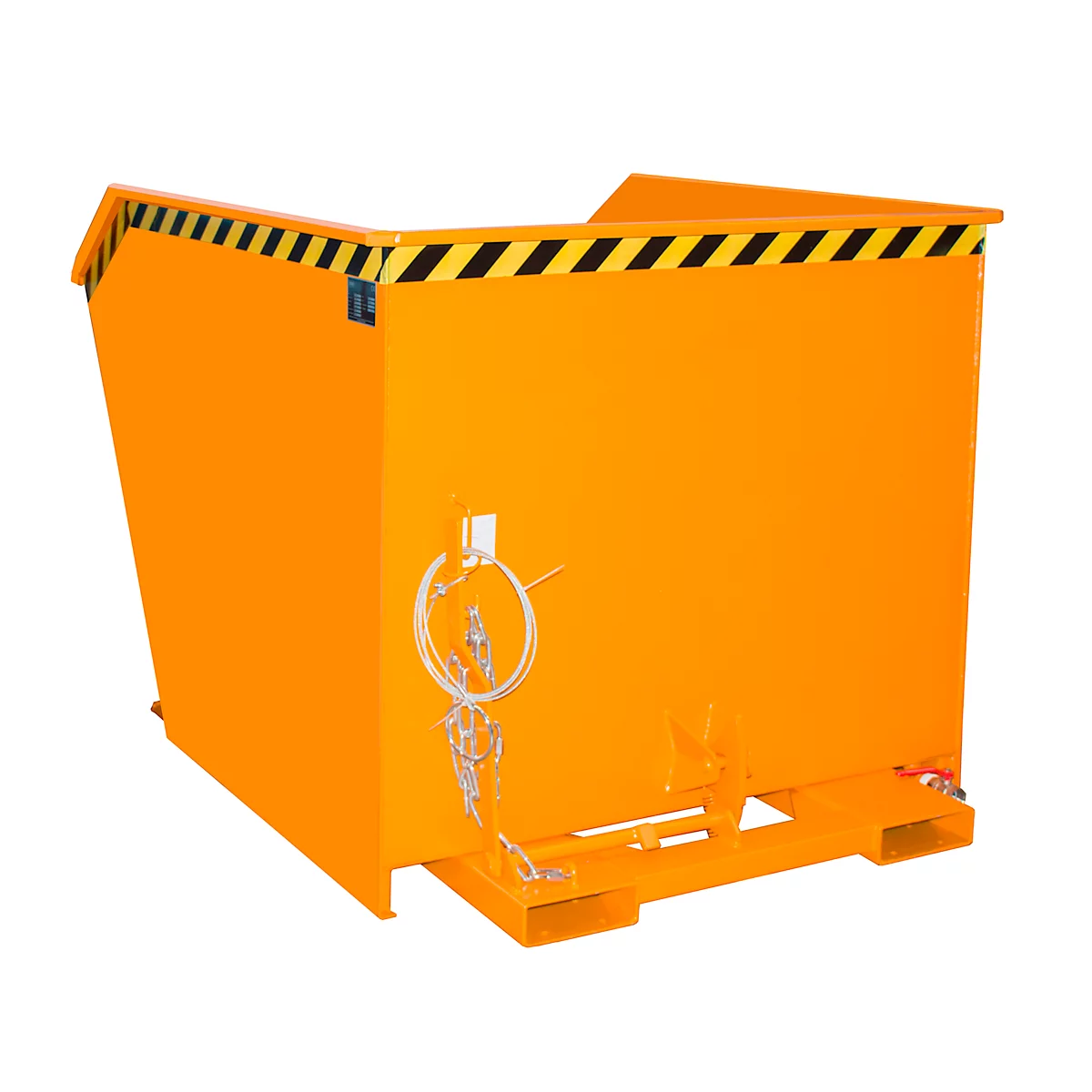 Orangefarbener Stahlcontainer mit schwarz-gelbem Warnstreifen. An der Seite befindet sich ein Verschluss mit Kette.