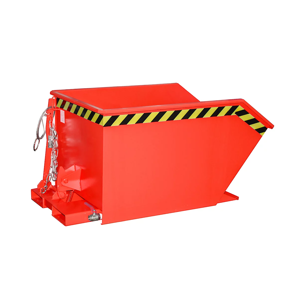 Roter Container mit gelb-schwarzer Warnmarkierung. Metallkette und -vorrichtung, weißer Hintergrund.