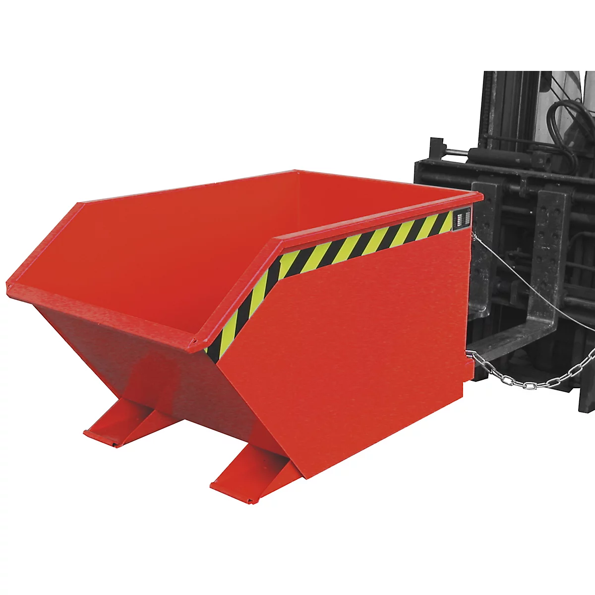Rote Mulde mit gelb-schwarzen Streifen am Rand. Diese wird von einem Gabelstapler gehalten.