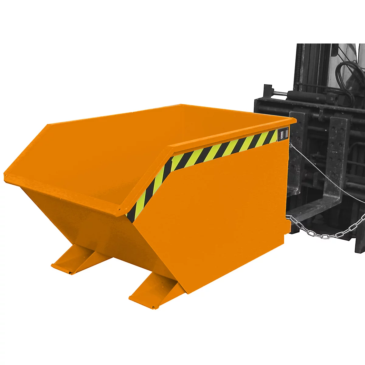 Orange Muldenkipper, gelb-schwarze Warnstreifen, an Gabelstapler befestigt.