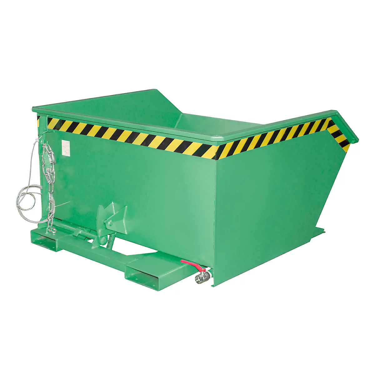 Grüner, rechteckiger Container mit schwarz-gelben Warnstreifen. Er hat eine Kette, ein Scharnier und steht auf einem weißen Hintergrund.