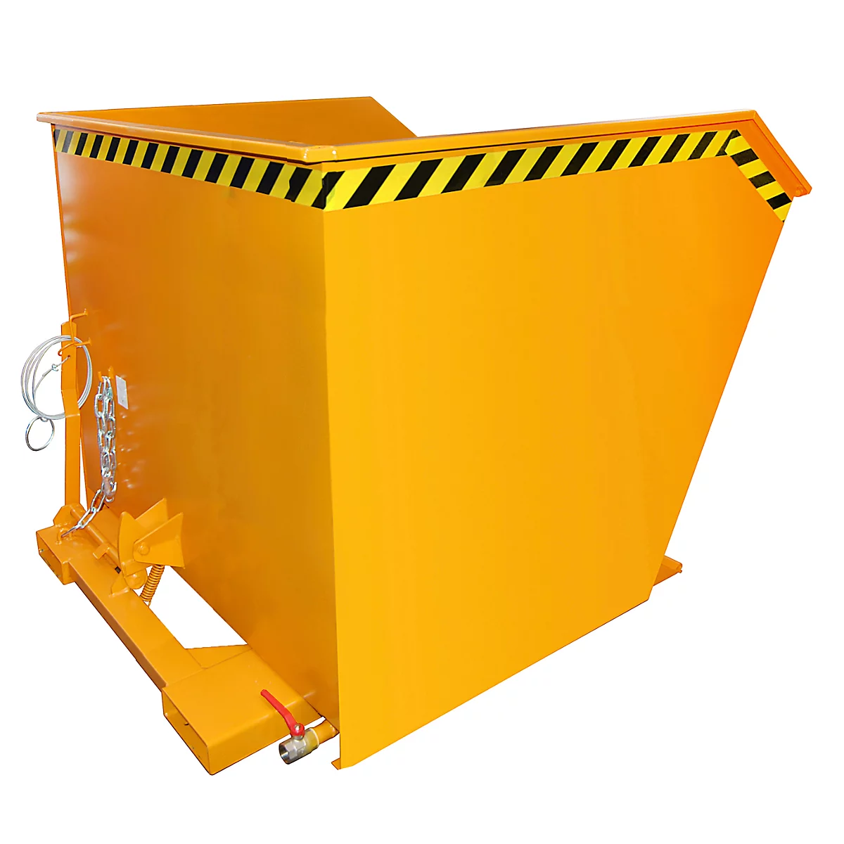 Gelbe Mulde mit schwarz-gelbem Warnstreifen. An der Seite eine Halterung mit Kette.