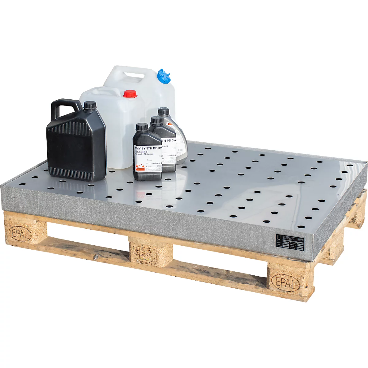 Bauer kleine containerbak KGW-P 3/M V4A, voor Euro- en chemiepallets, roestvrij staal, L 1200 x B 800 x H 120 mm, tot 200 kg, met geperforeerd plaatrooster