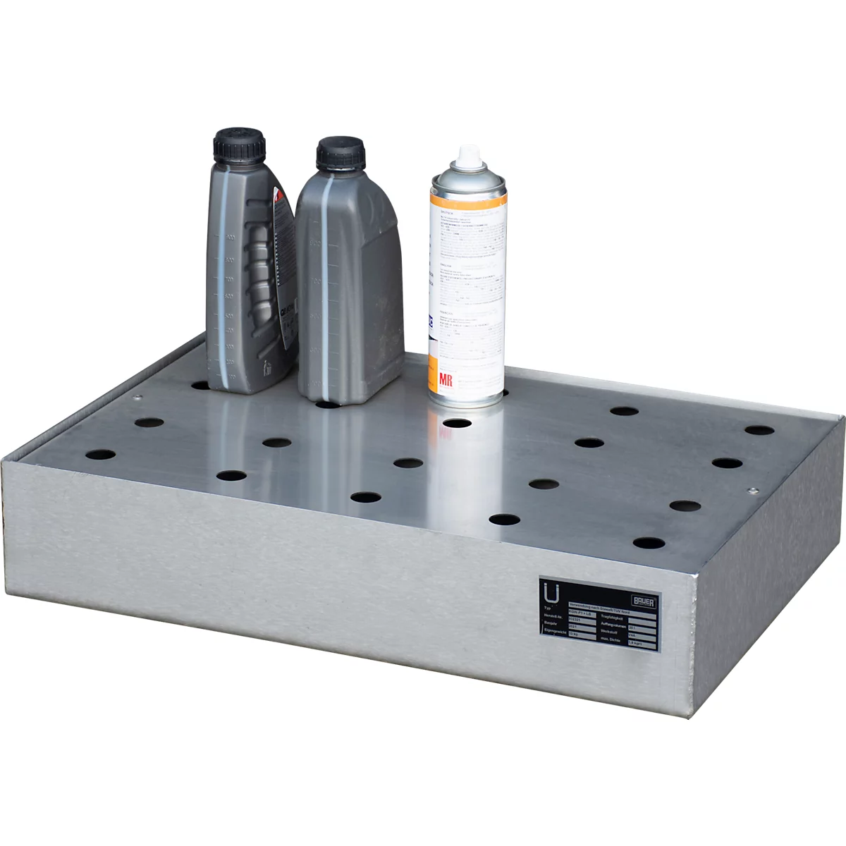 Bauer Kleingebindewanne KGW-P 1/M V4A, für Euro- und Chemiepaletten, Edelstahl, L 600 x B 400 x H 120 mm, bis 50 kg, mit Lochblech-Rost