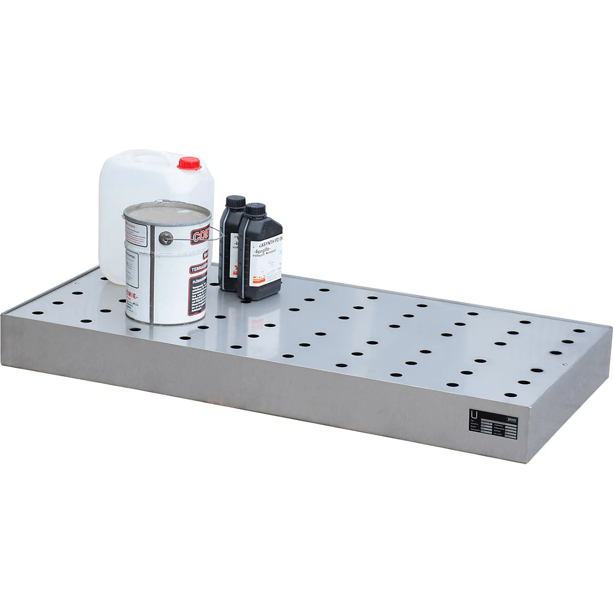 Bauer Kleingebindewanne KGW-P 3/M V4A, für Euro- und Chemiepaletten, Edelstahl, L 1200 x B 800 x H 120 mm, bis 200 kg, mit Lochblech-Rost