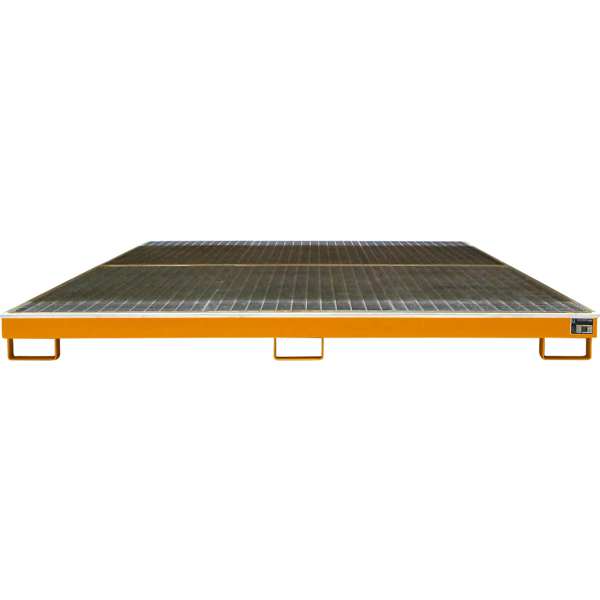 Gele rechthoekige pallet met een grijs rooster oppervlak. De pallet staat op vier poten.