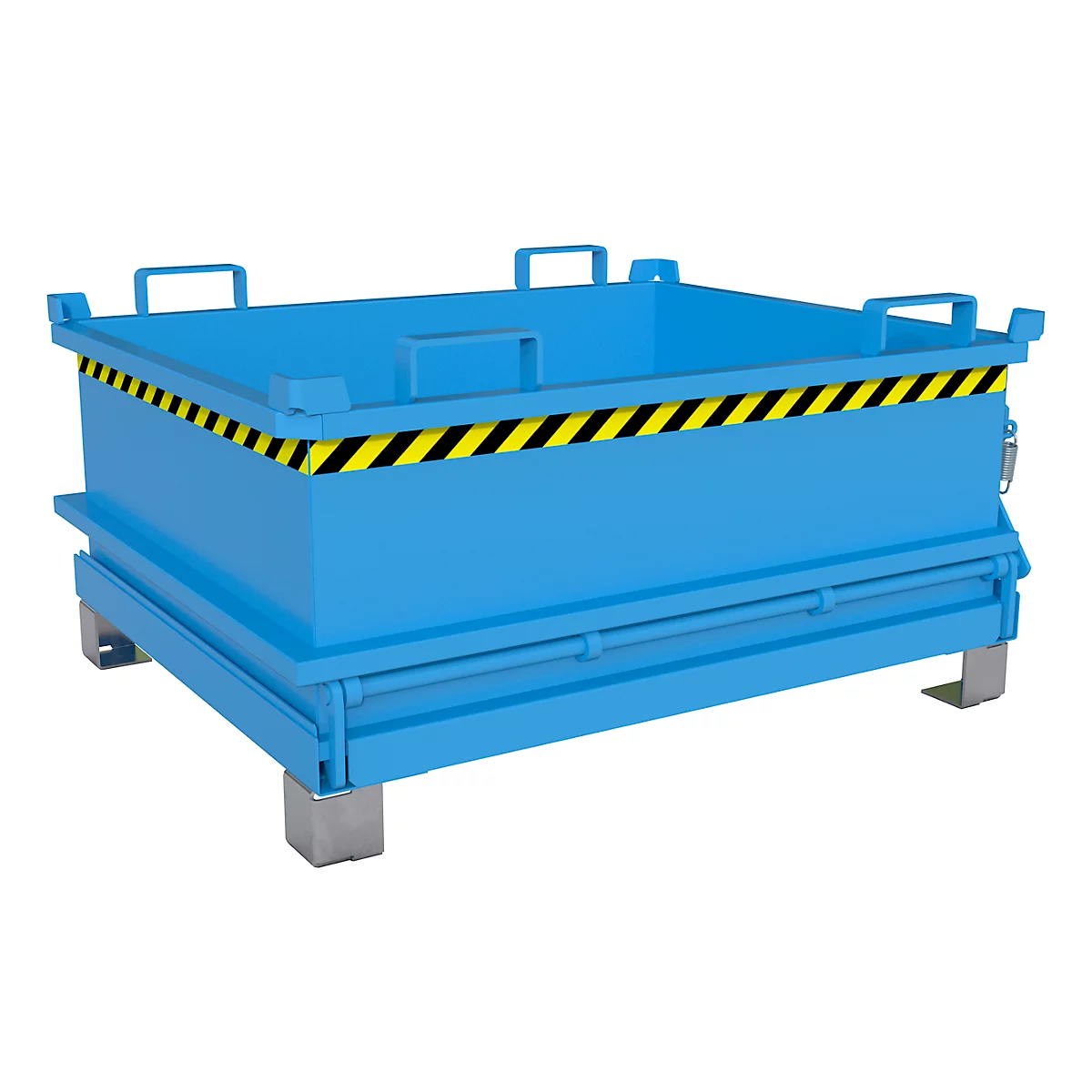 Boîte en acier bleue avec couvercle et panneau latéral ouvert. Bandes d'avertissement jaunes et noires sur le couvercle. Poignées et fermetures visibles.