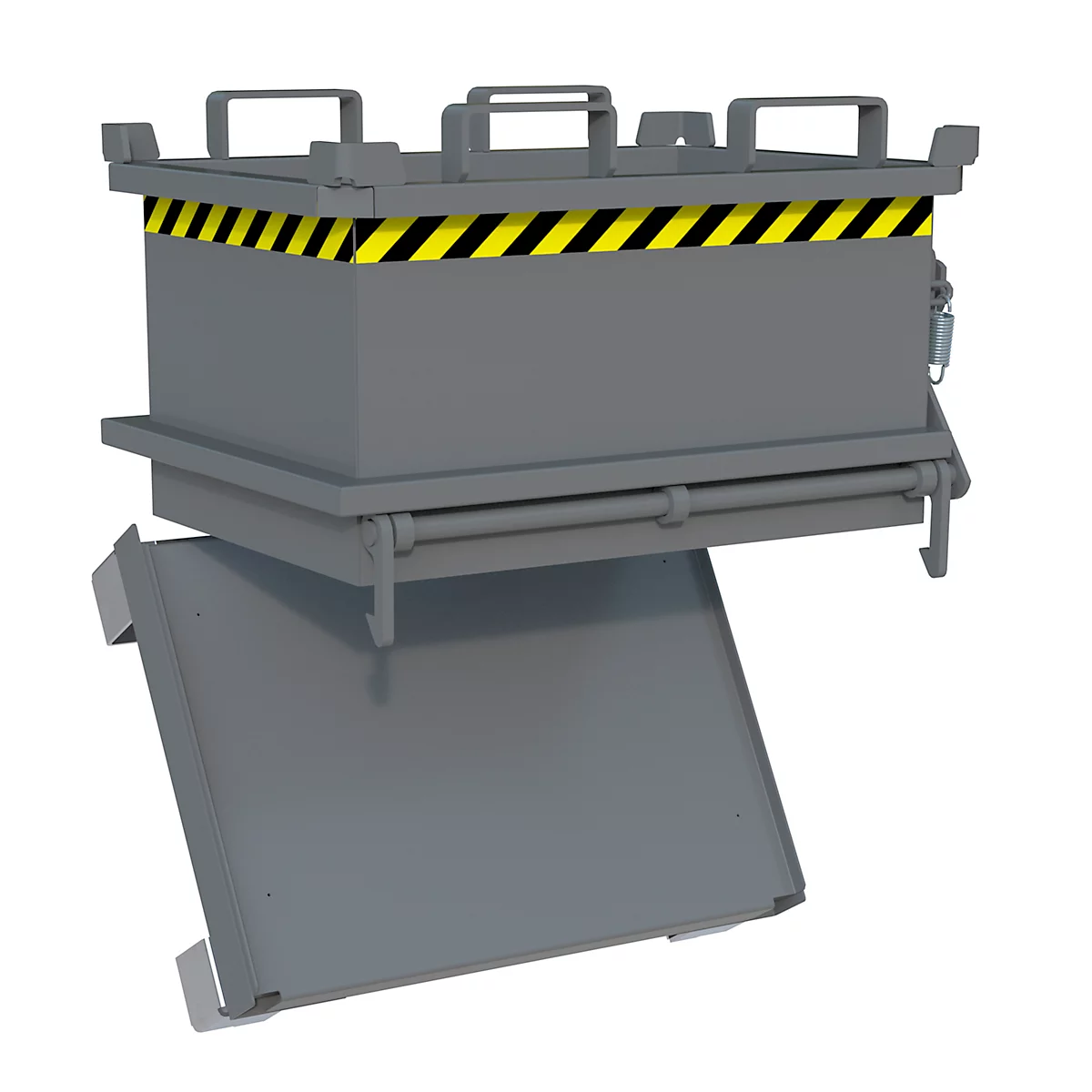Grijze metalen container met openklappende voorkant. Bovenkant met zwart-gele waarschuwingsband, handgrepen. Open voorkant toont interieur.