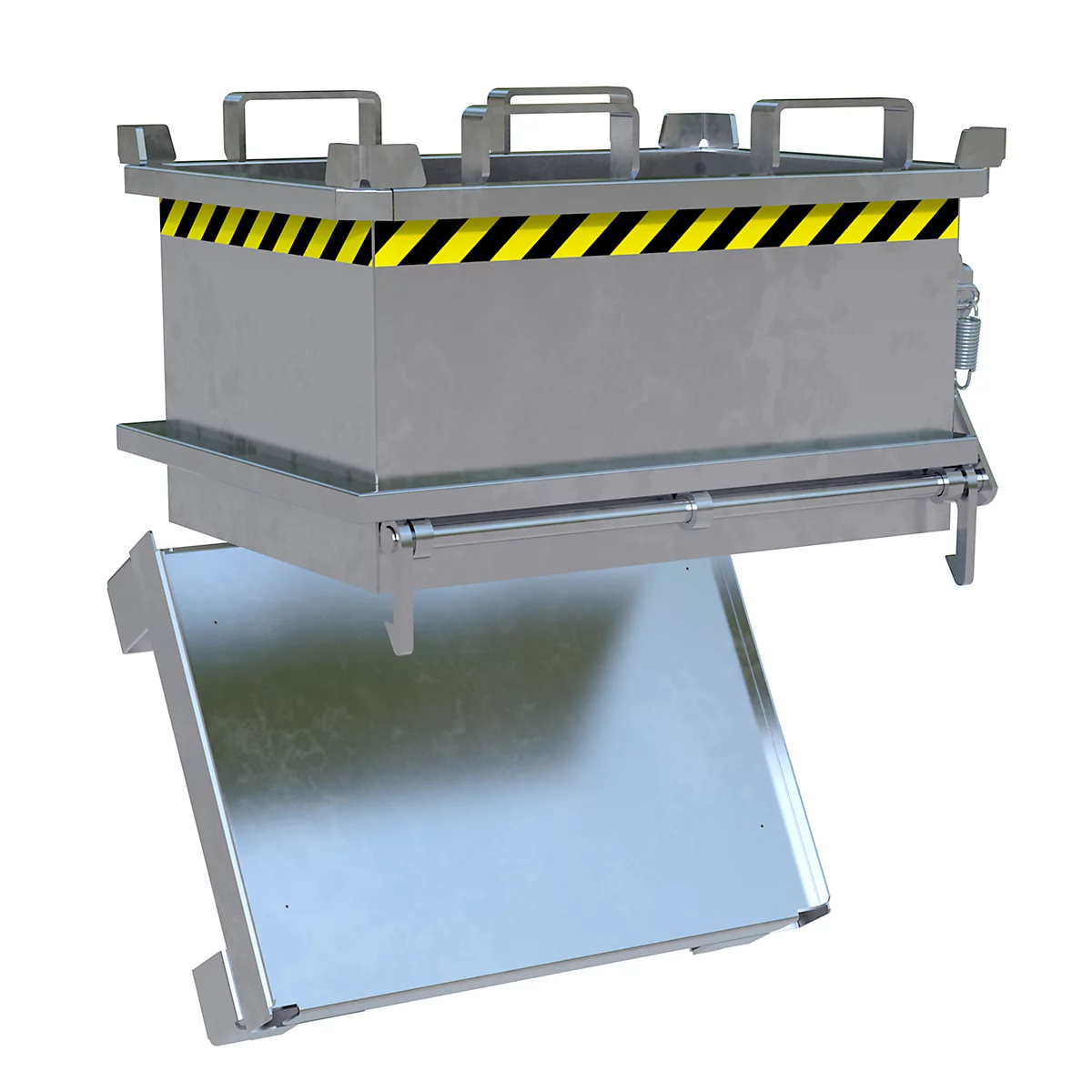 Metalen box met open klep, geel-zwarte waarschuwing, handvatten bovenop.