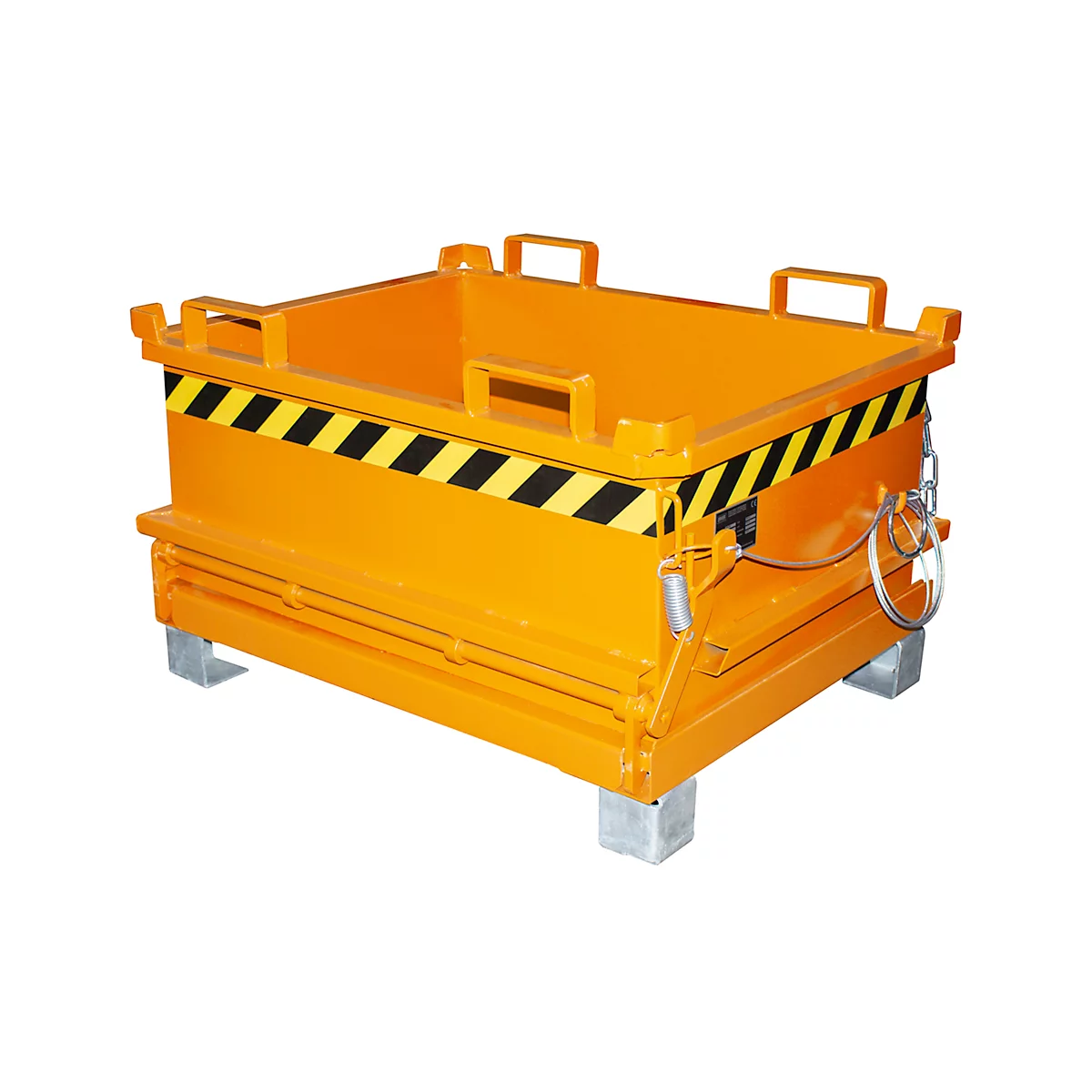 Gele metalen box, zwart en geel gemarkeerd, met handvatten, op grijze poten.