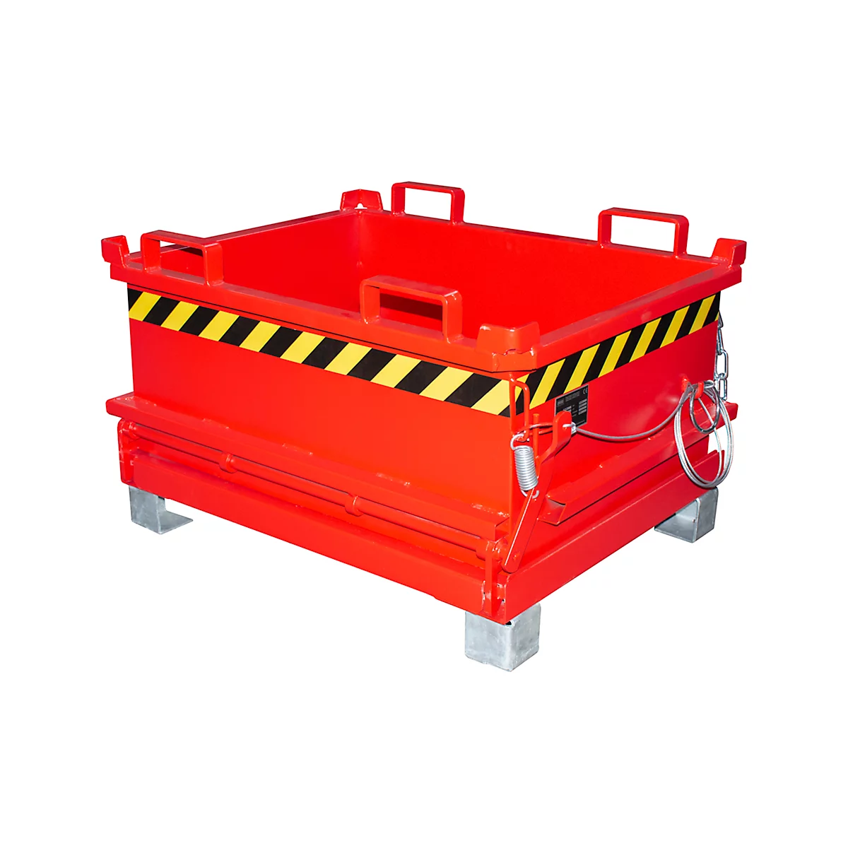 Rode stalen kist met geel-zwarte waarschuwingsstrepen. Open kist aan de bovenkant met handvatten, op kleine voetjes. Voor materiaaltransport.