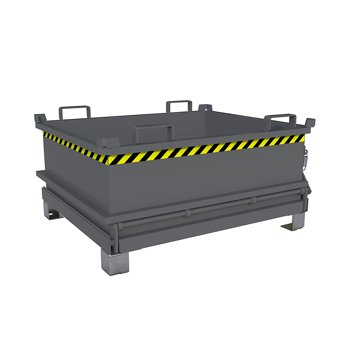 Grijze metalen box met geelzwarte waarschuwingsstreep. Handgrepen en poten zijn ook zichtbaar.