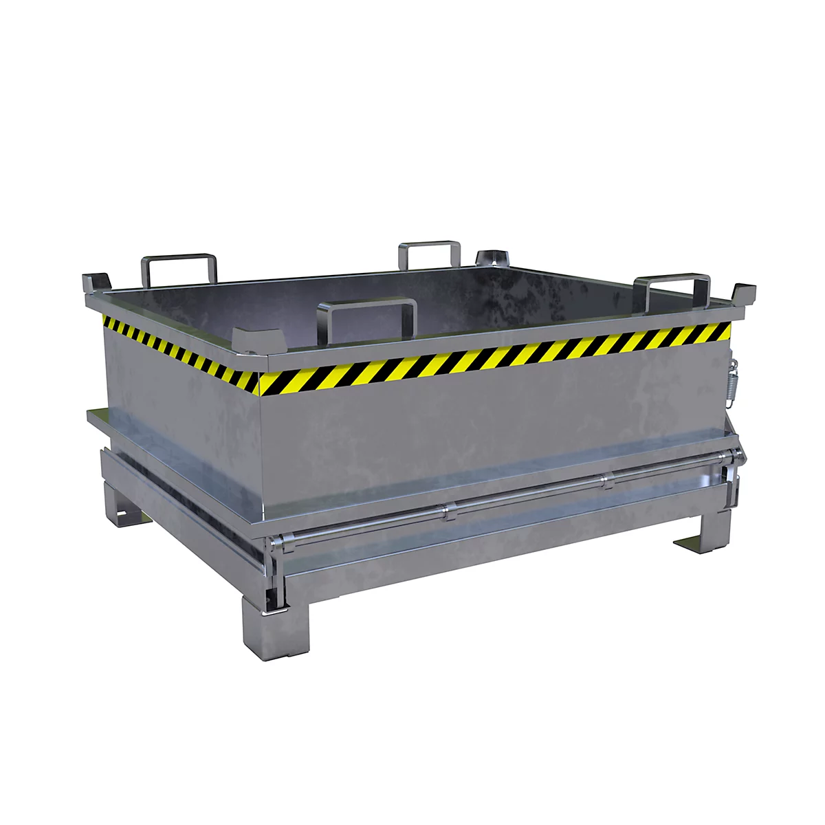 Grijze metalen box met geel en zwart waarschuwingslint. Rechthoekige constructie met handgrepen en poten.
