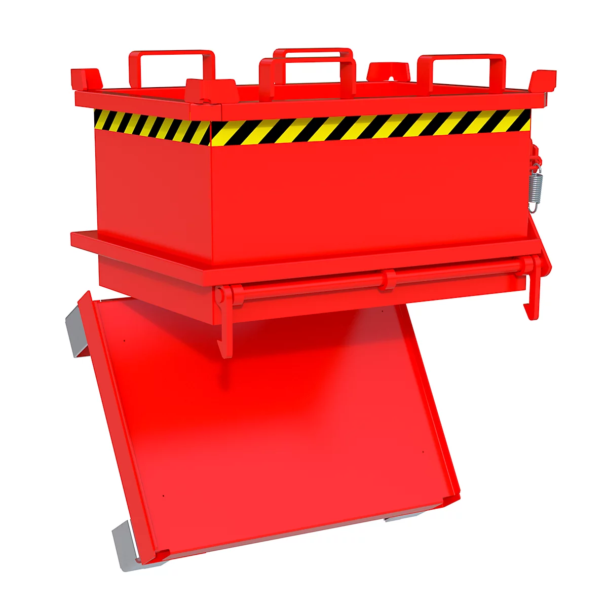 Roter Transportbehälter mit gelb-schwarzem Warnstreifen und hochgeklappter Rampe.