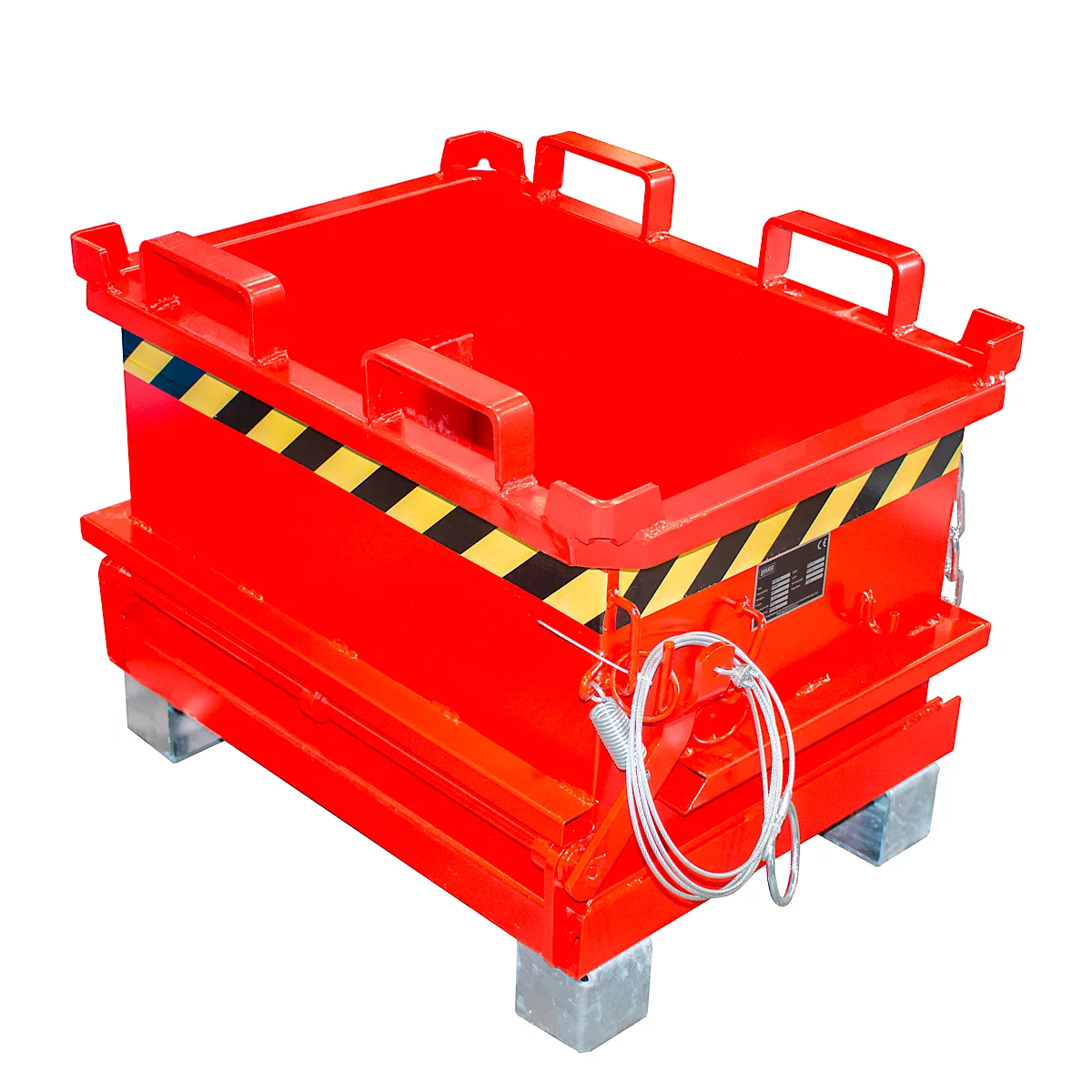 Roter Transportbehälter mit Griffen und gelb-schwarzem Warnstreifen. Auf grauen Blöcken stehend.