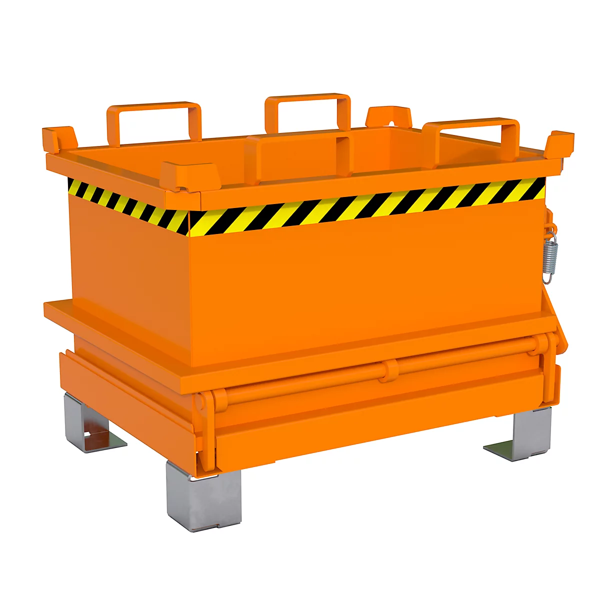 Orangefarbene, quaderförmige Transportbox mit gelb-schwarzem Warnstreifen, Tragegriffen und Metallfüßen.