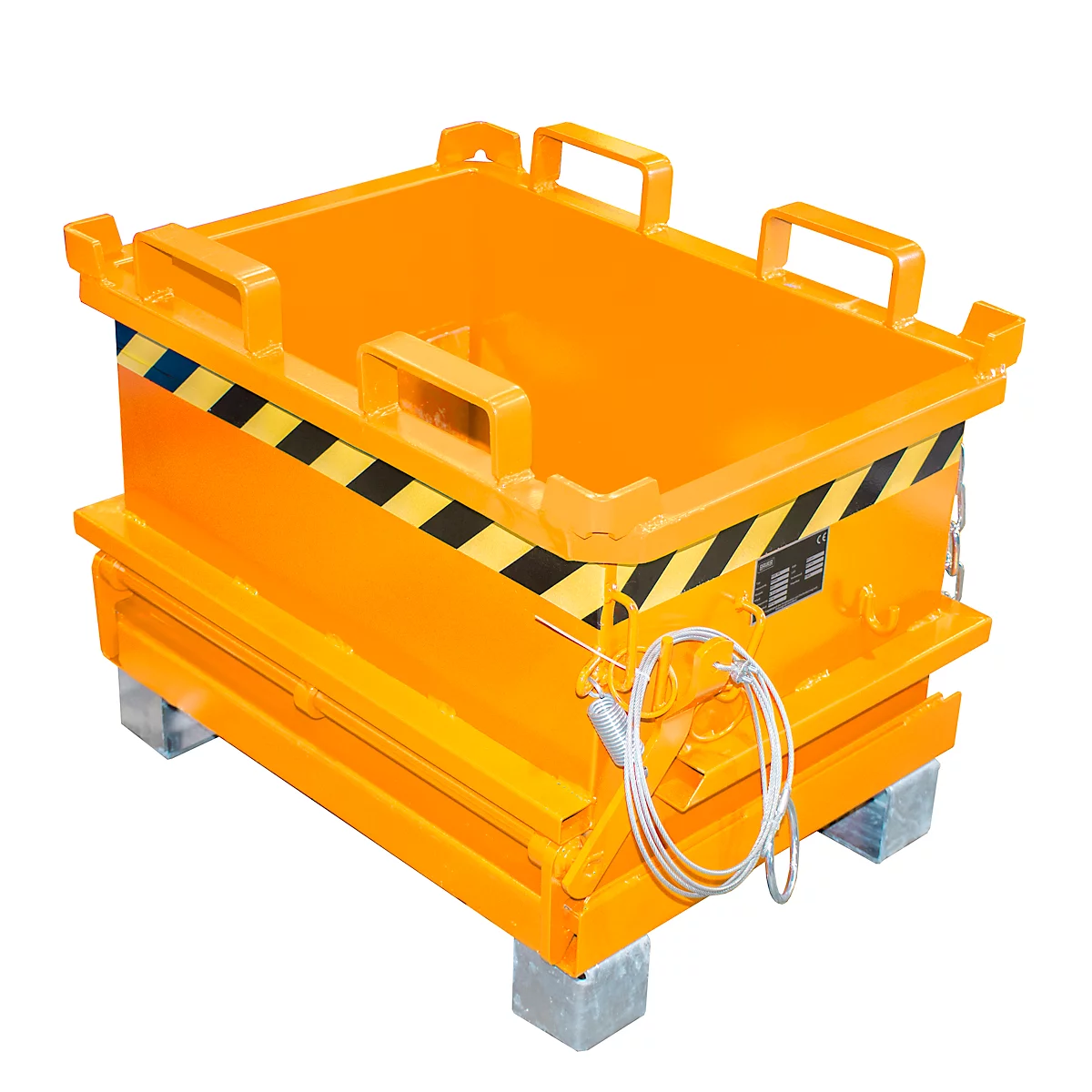 Ein orangefarbener Transportbehälter mit Tragegriffen und schwarz-gelber Warnmarkierung.