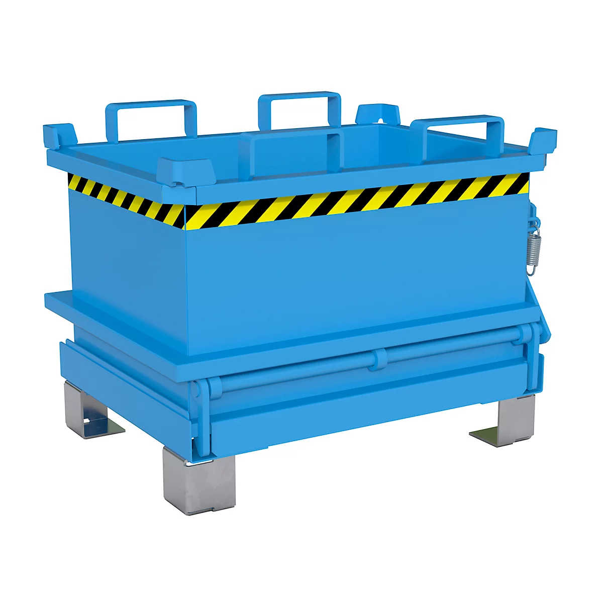 Blaue Stahlbox mit geöffneter Klappe. Gelb-schwarzer Warnstreifen. Griffe und Federmechanismus sichtbar.