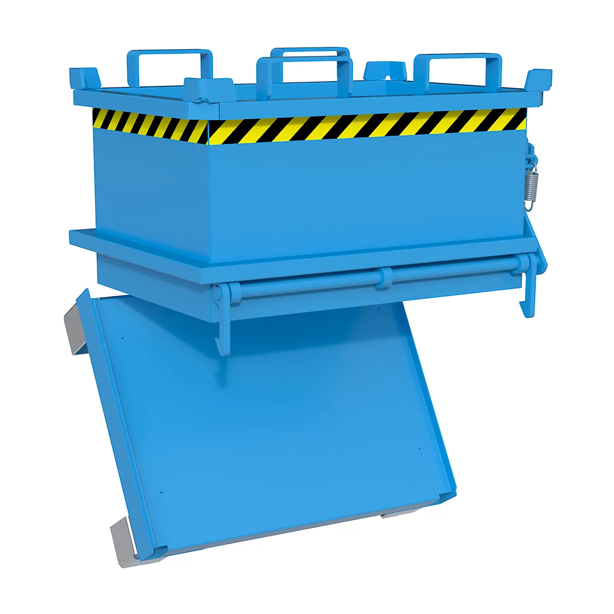 Blauer Transportbehälter mit gelb-schwarzer Markierung. Oben befinden sich Griffe, unten Metallfüße.