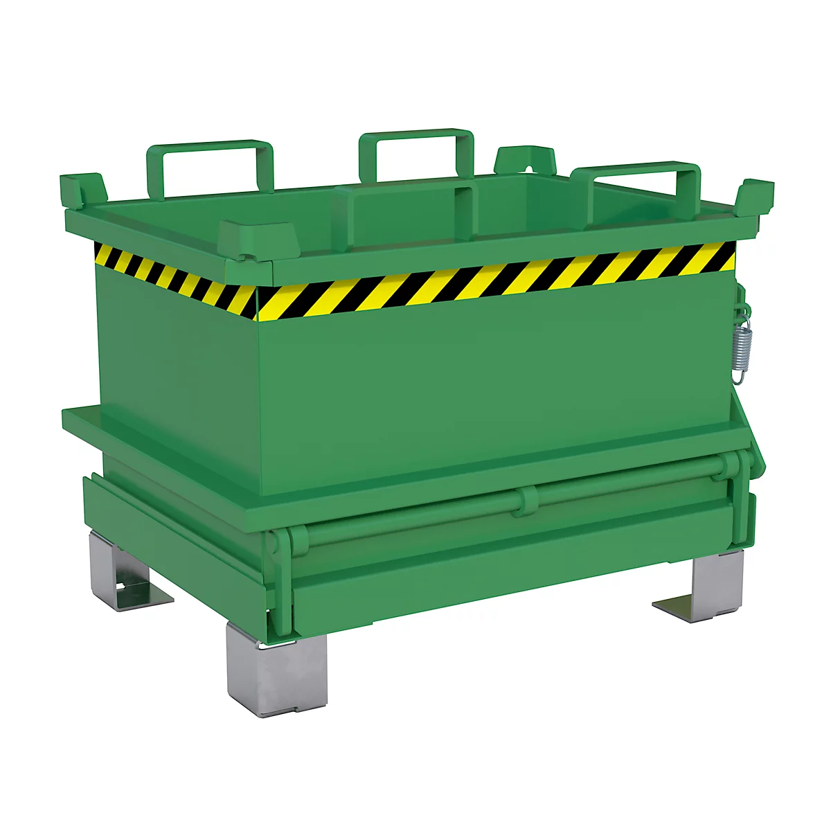 Grüne Transportbox mit gelb-schwarzer Warnmarkierung, vier Griffen und Füßen.