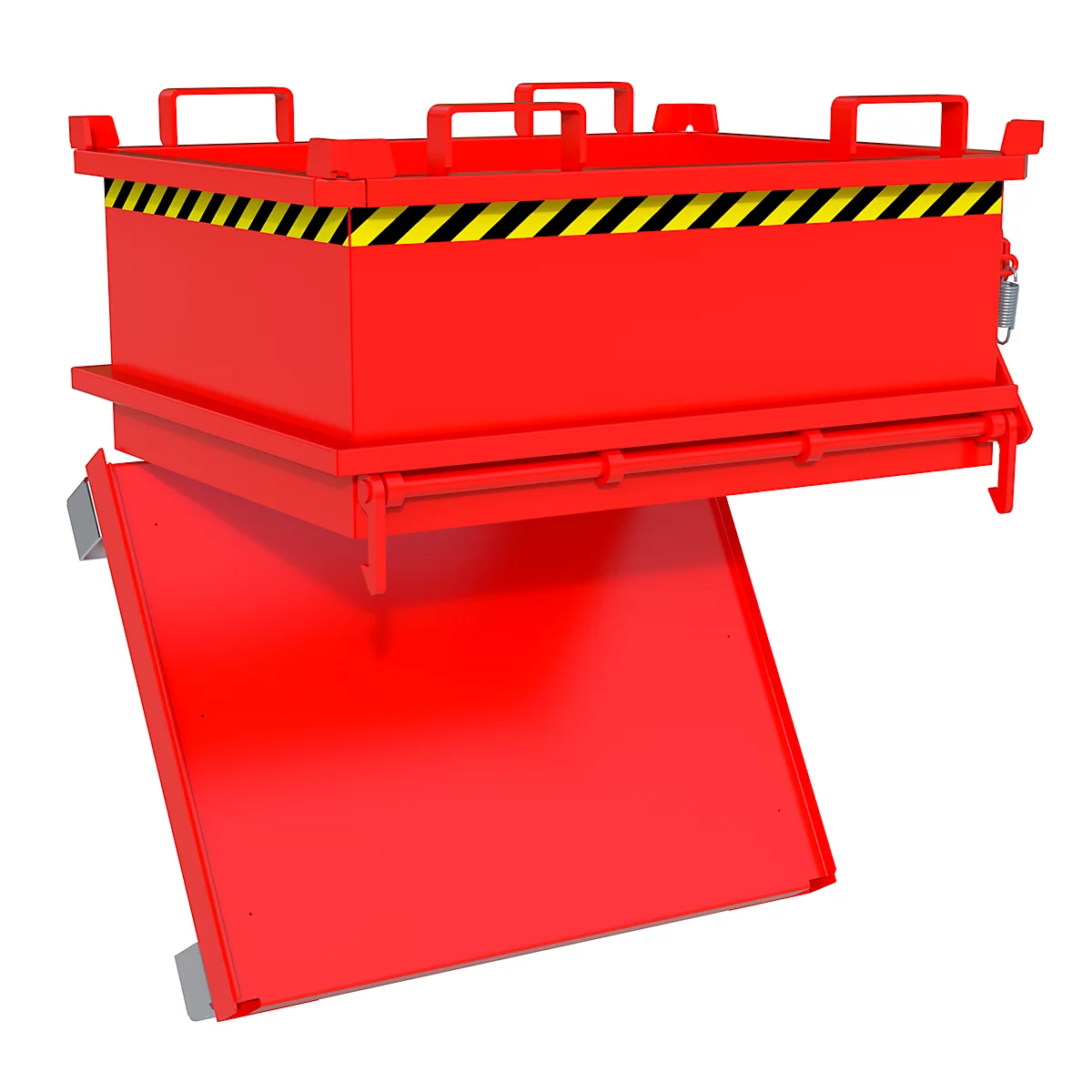 Roter Kippbehälter mit geöffneter Klappe. Gelb-schwarzer Warnstreifen oben.