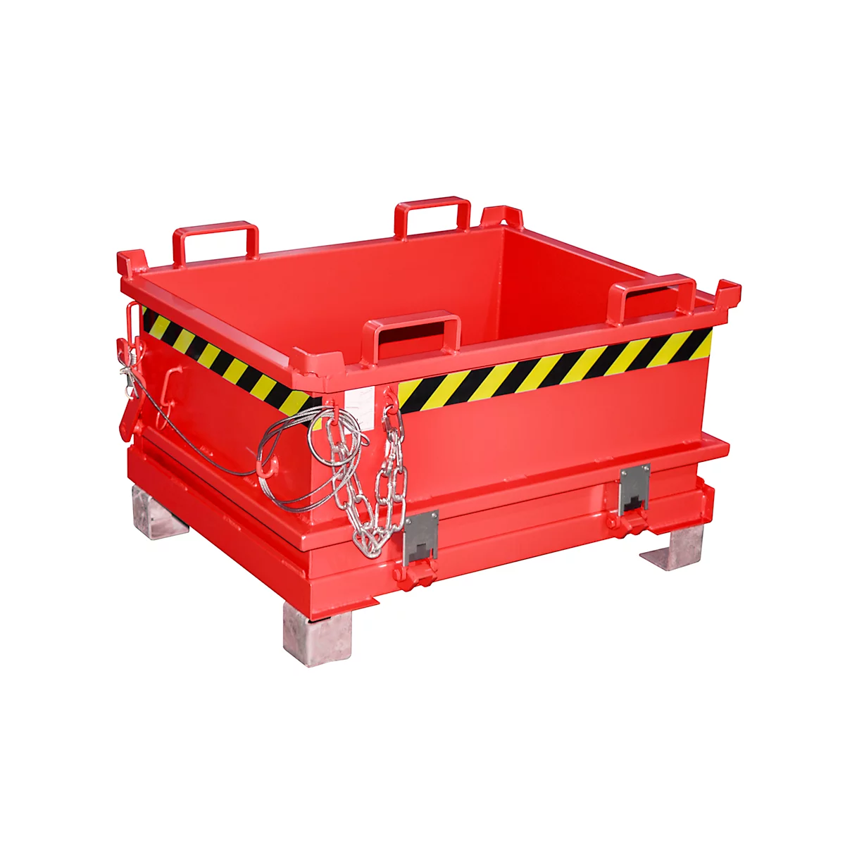 Rote Transportkiste mit Griffen, Ketten und Warnstreifen.