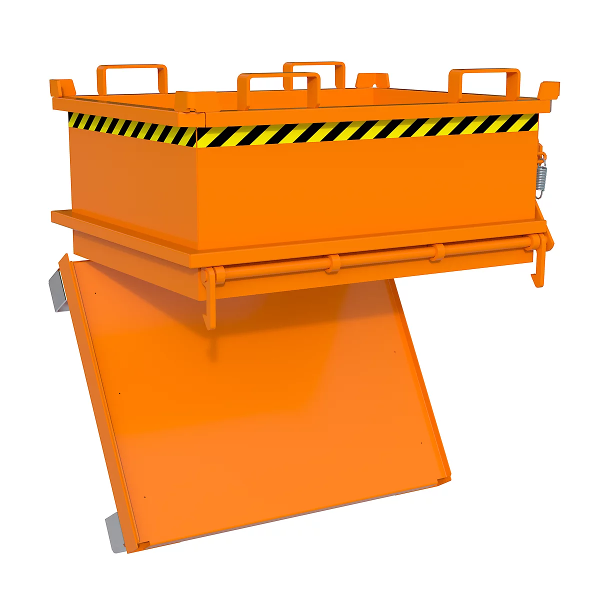 Orangefarbener Behälter mit geöffneter Klappe und gelb-schwarzen Streifen. Griffe und Riegel erkennbar.