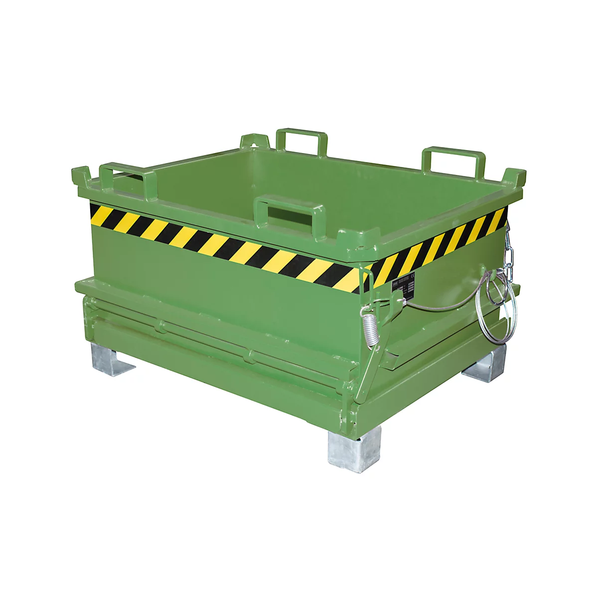 Grüne Transportbox, mit gelb-schwarzen Warnstreifen und Handgriffen. Auf Betonfüßen.