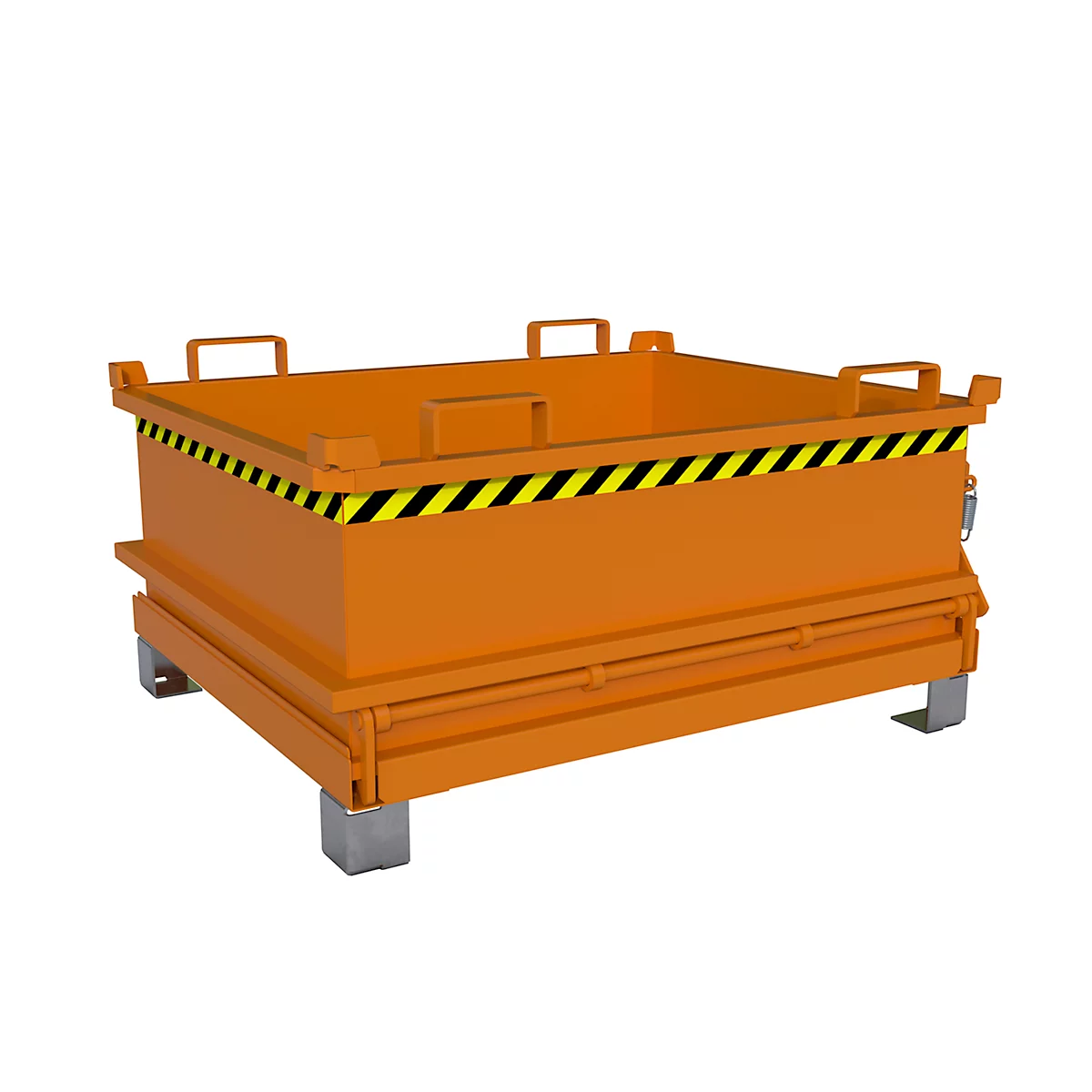Orangefarbener Container mit geöffneter Klappe. Oberhalb der Box ein gelb-schwarz gestreifter Streifen als Warnung.