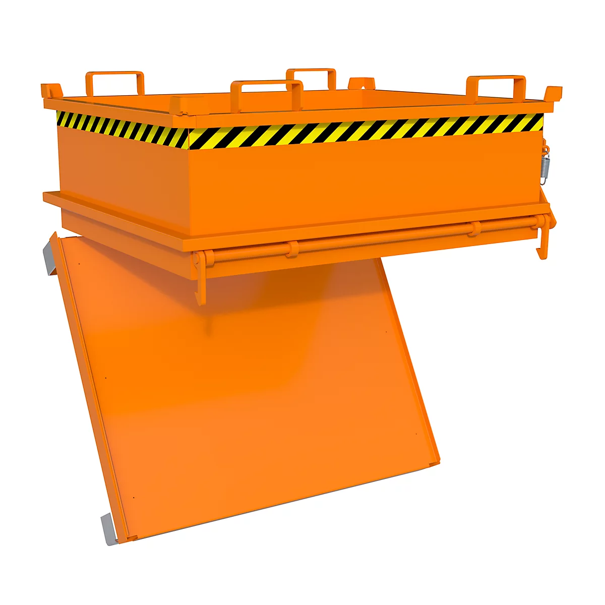 Orangefarbene Metallbox auf Füßen, gelb-schwarzes Warnband. Griffe, eckige Form, leere Box.