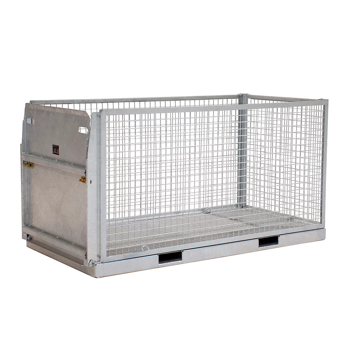 Metalen gaascontainer, rechthoekig, met zijopening en gaaswanden.