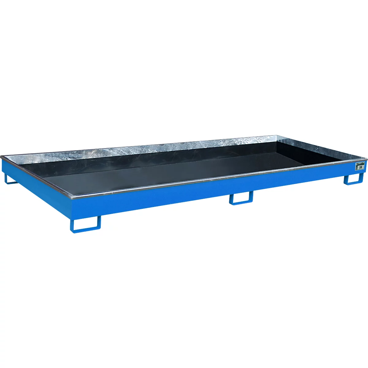 Blaue Auffangwanne aus Metall mit hochgezogenen Kanten, grauem Innenraum und Griffen.
