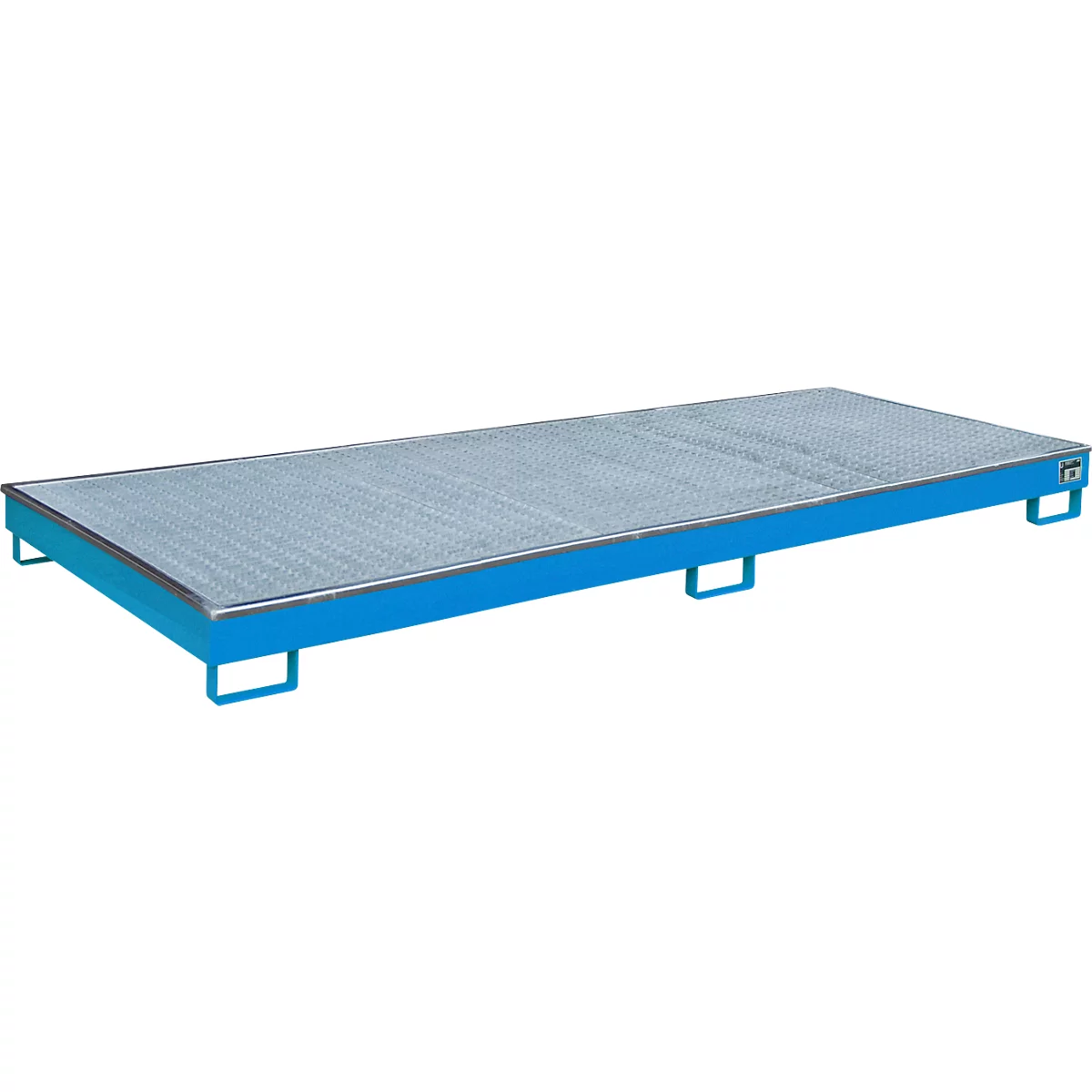 Blaue Stahl-Auffangwanne mit Lochblech, auf der Flüssigkeiten aufgefangen werden können.