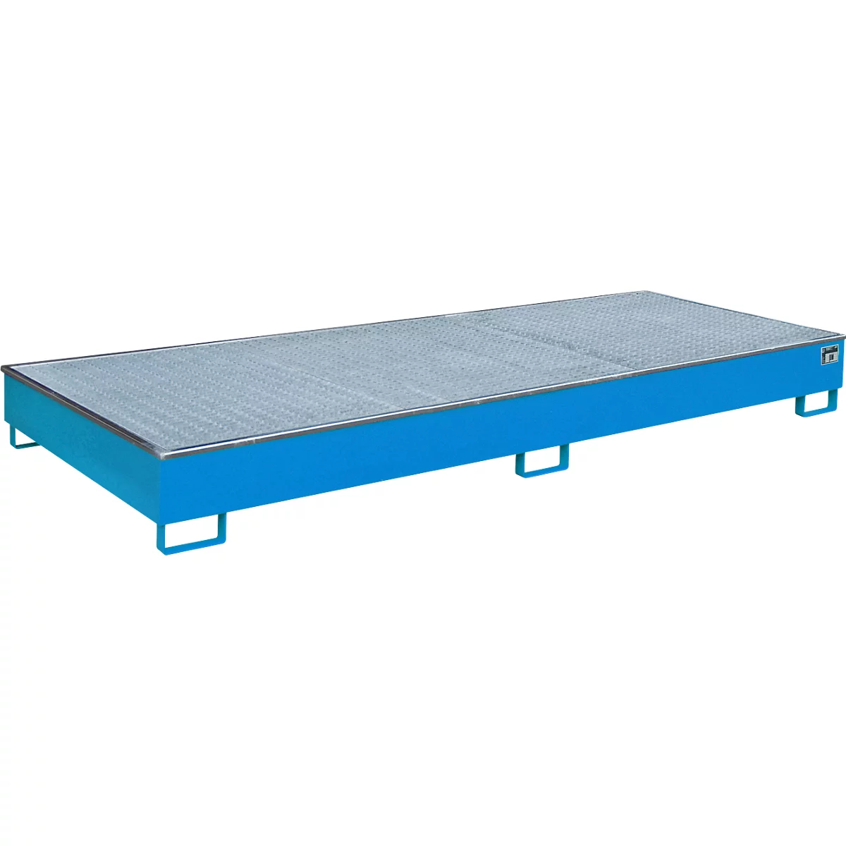 Blaue Auffangwanne mit Metallgitter, rechteckig, stehend auf Füßen.