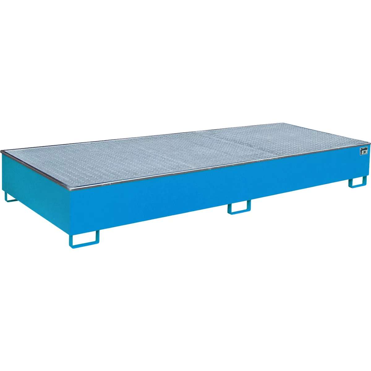 Blaue Auffangwanne mit Gitterrostabdeckung. Steht auf Füßen. Eckig mit silberfarbenem Rand.