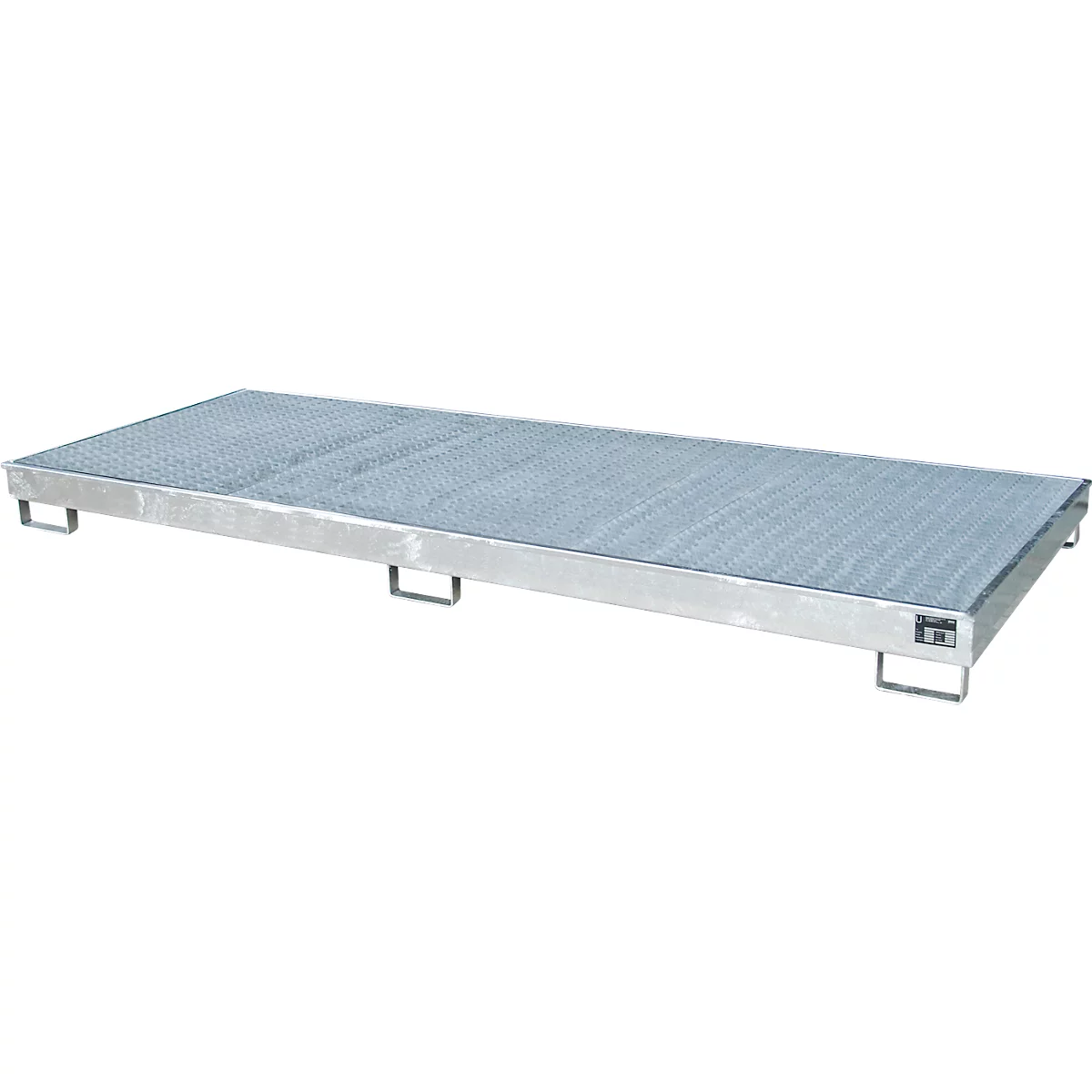 Metalen pallet met een rooster oppervlak en vier poten.