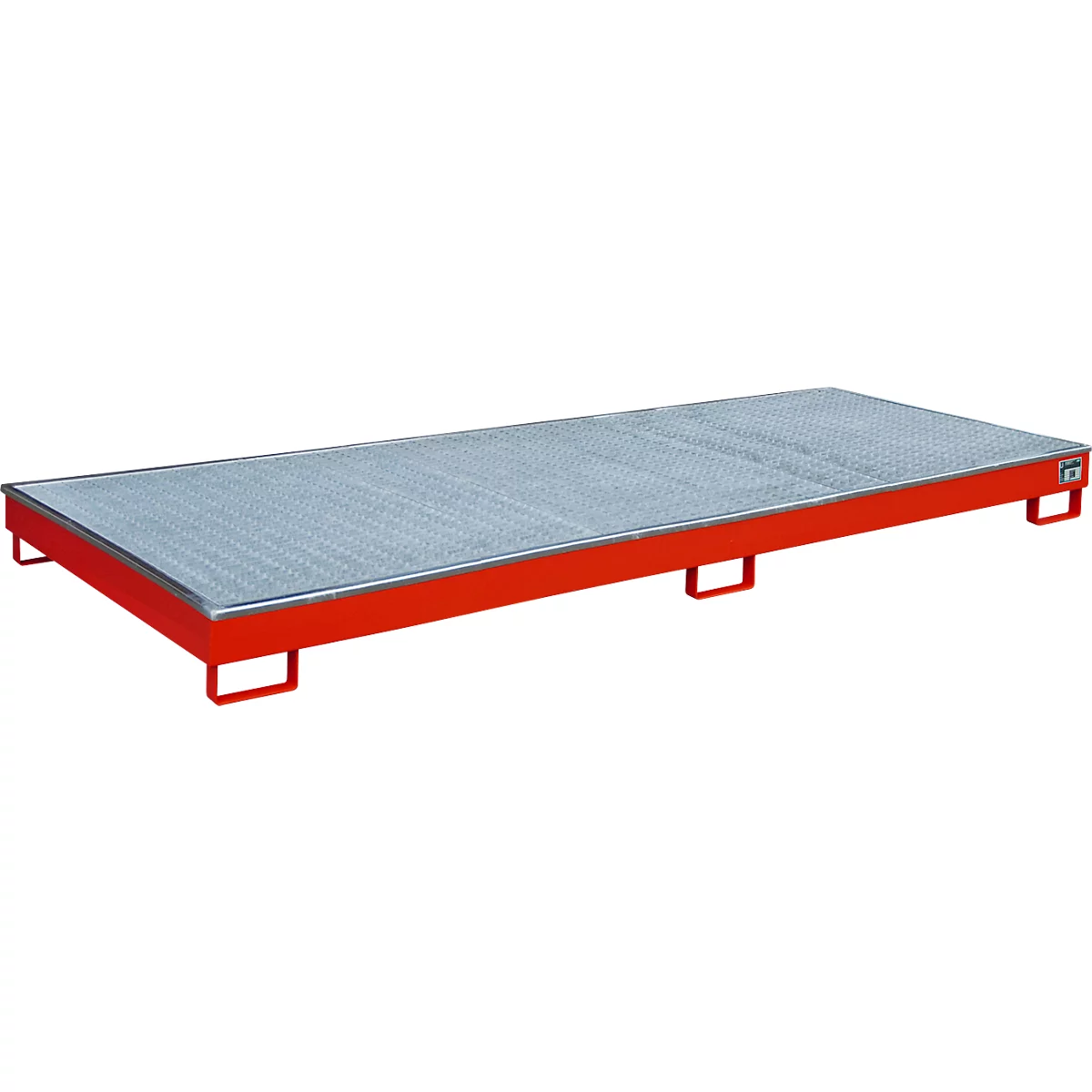 Rode stalen pallet met een geperforeerde plaatmetalen oppervlak en U-vormige voeten.