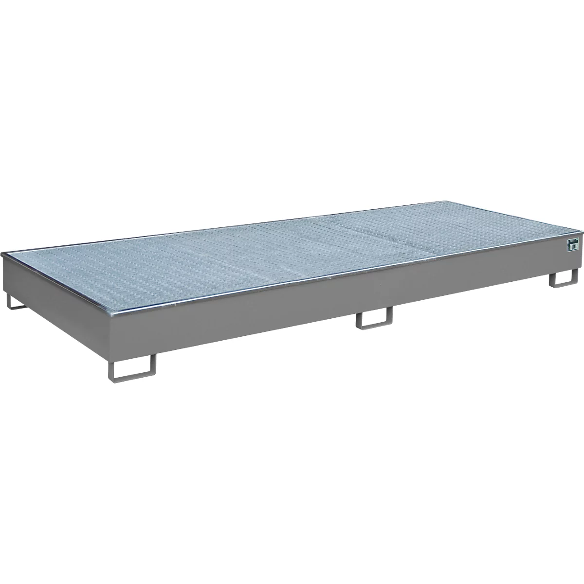 Metal tray, rectangular with grid surface, gray color, stands on metal feet.