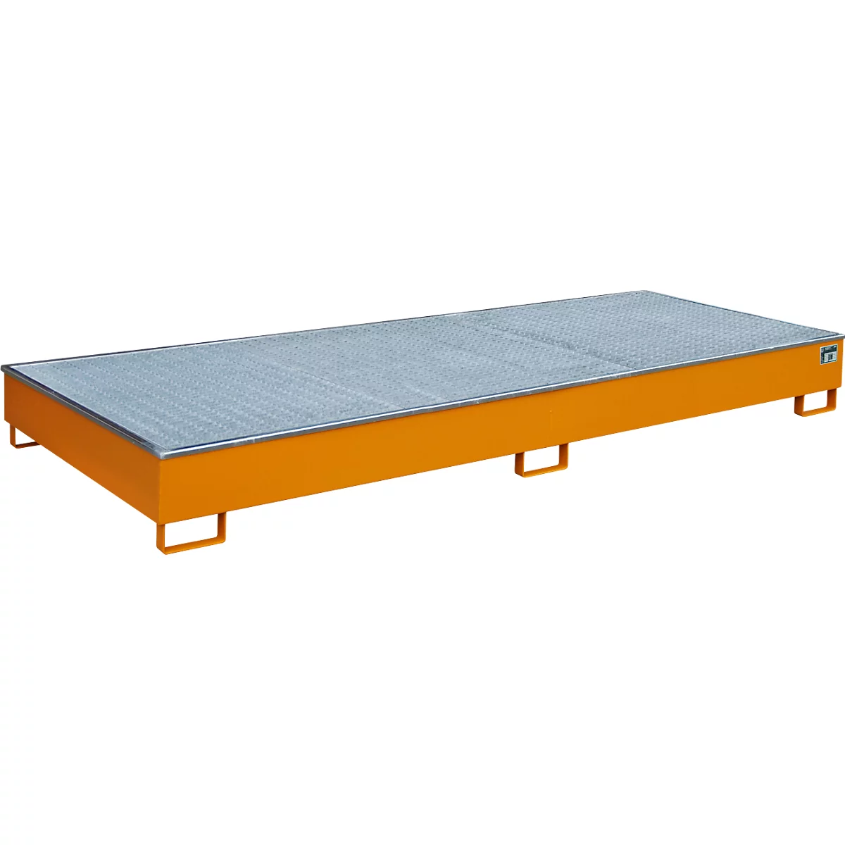 Yellow-orange spill containment pallet with metal grid, rectangular, on low feet.